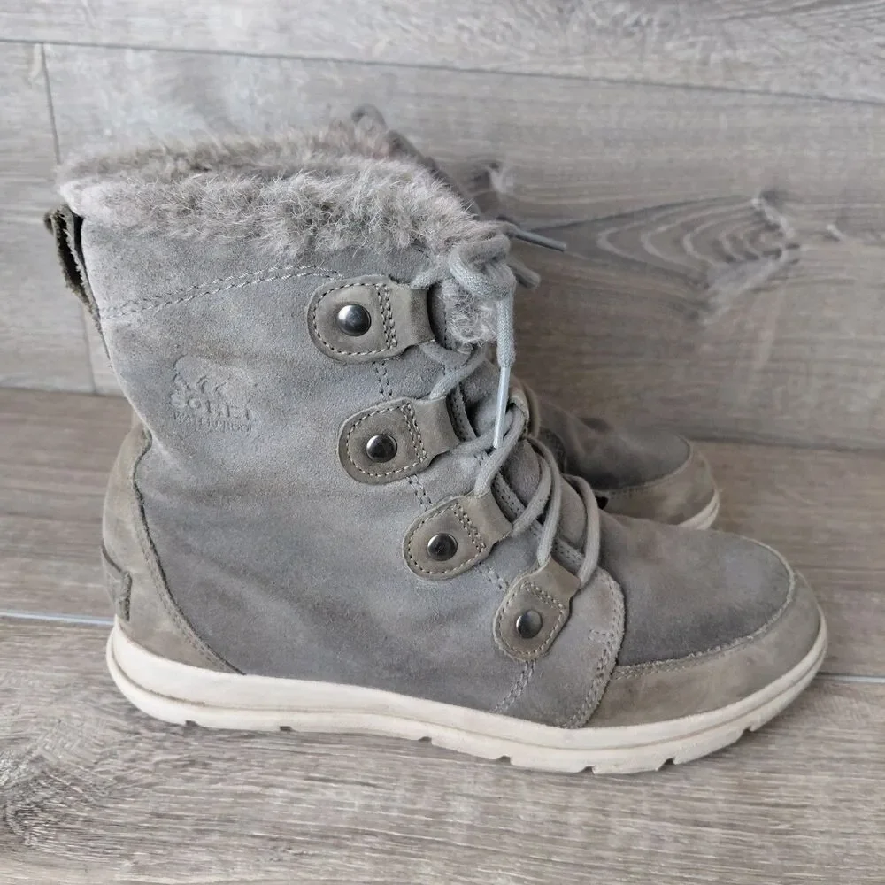Sorel Explorer Joan Boots Women 10 Gray Suede Leather Winter Waterproof Faux Fur - Picture 7 of 10